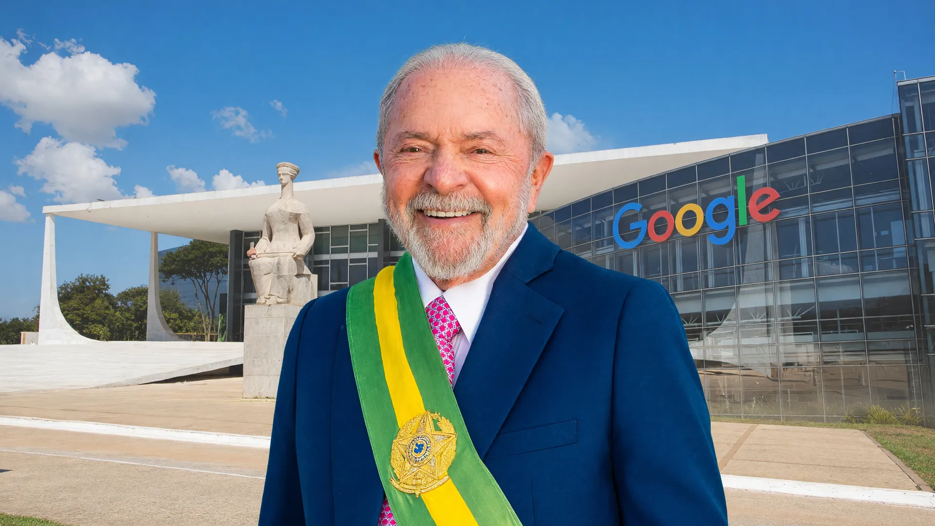Presidente Lula em retrato oficial com STF e Google ao fundo, simbolizando regulação de plataformas digitais no Brasil