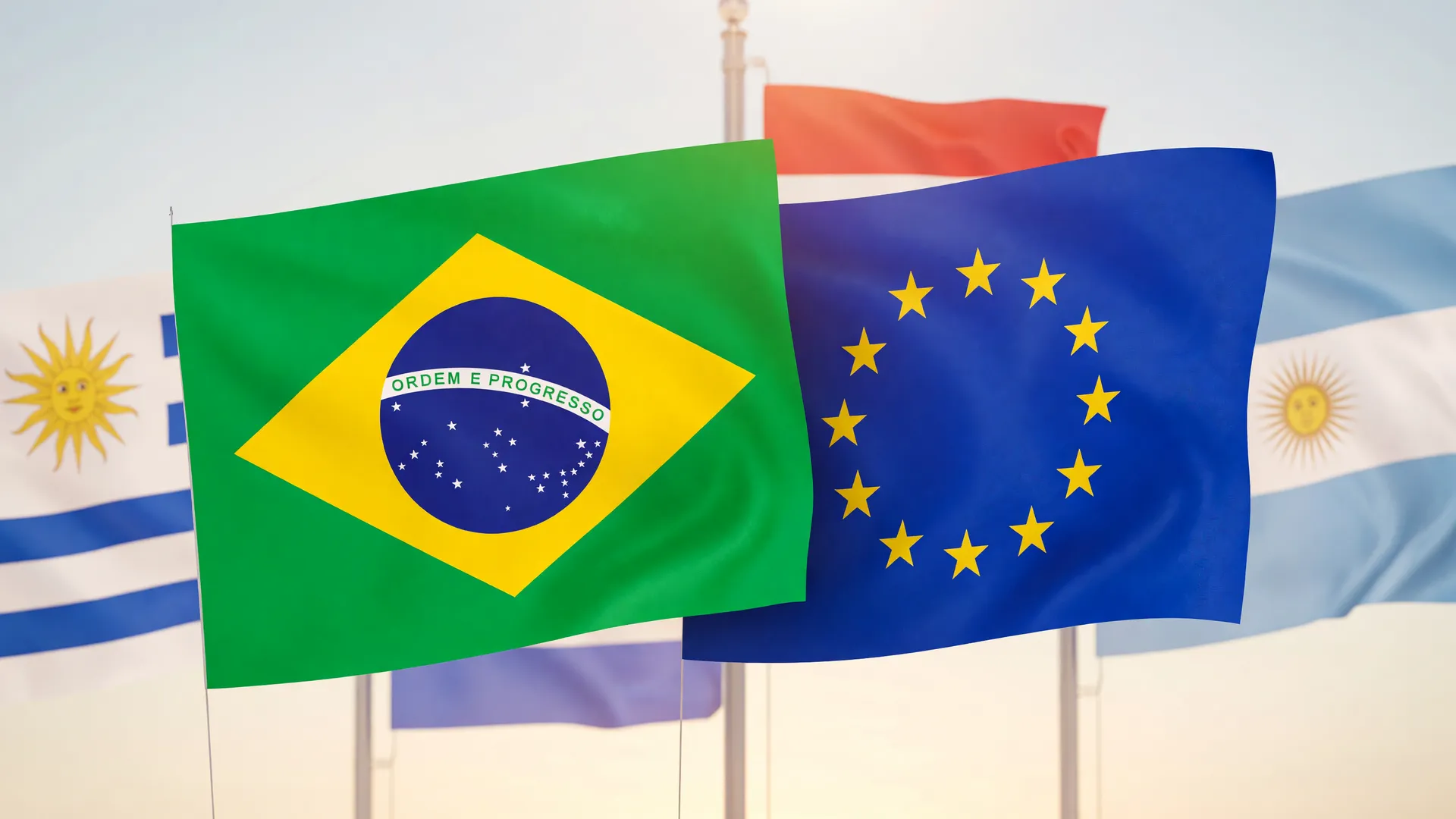Bandeiras Brasil e EU em diálogo: símbolos da retomada exportações pescados União Europeia.