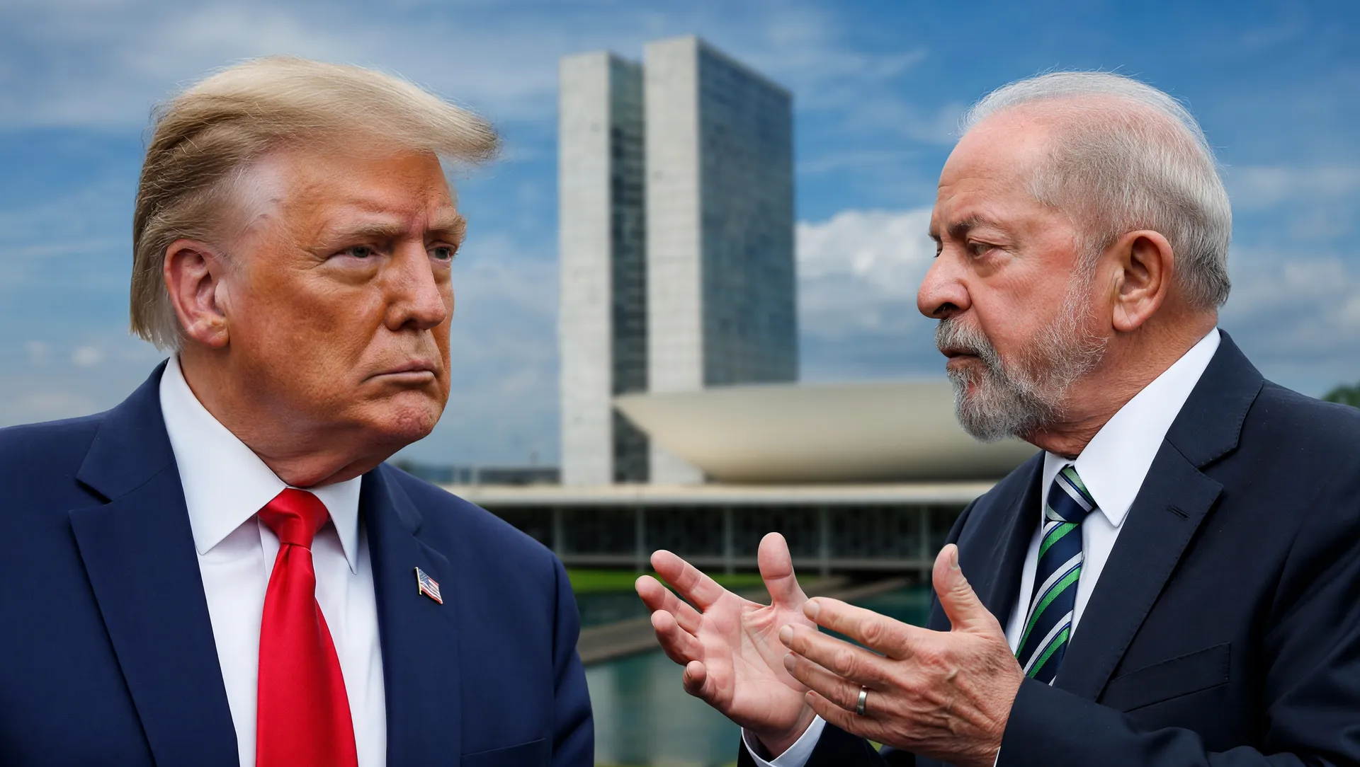 Trump e Lula em confronto pela sobretaxa trabalho forçado Brasil EUA com Palácio do Congresso ao fundo