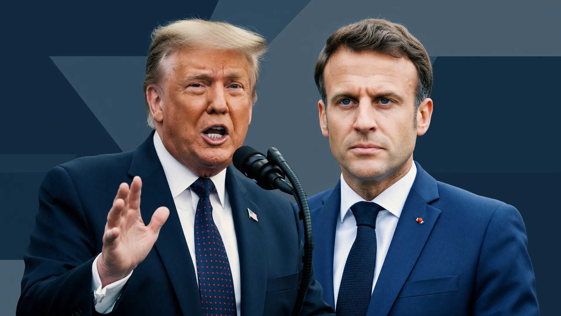 Retrato de confronto entre Trump e Macron sobre a tarifa 100% em vinhos franceses