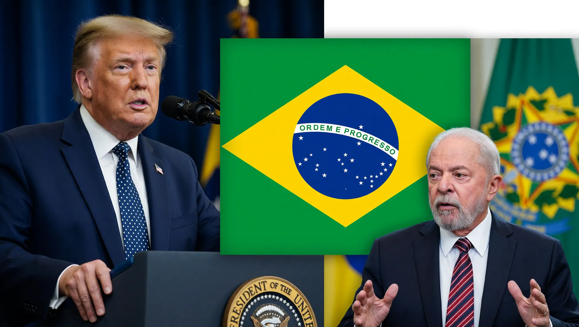 Donald Trump e presidente Lula em composição que representa tarifa 25% produtos brasileiros impostos pelos EUA