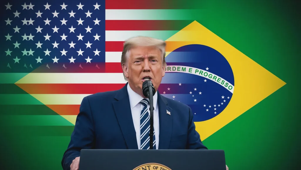 Tarifas de 25% Estados Unidos Brasil: representação visual do conflito comercial em montagem editorial