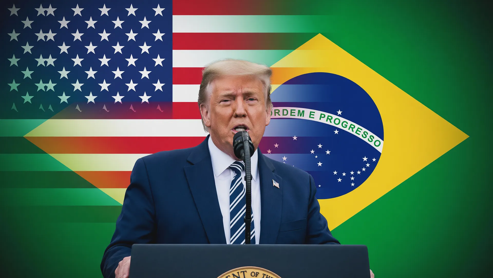 Tarifas de 25% Estados Unidos Brasil: representação visual do conflito comercial em montagem editorial