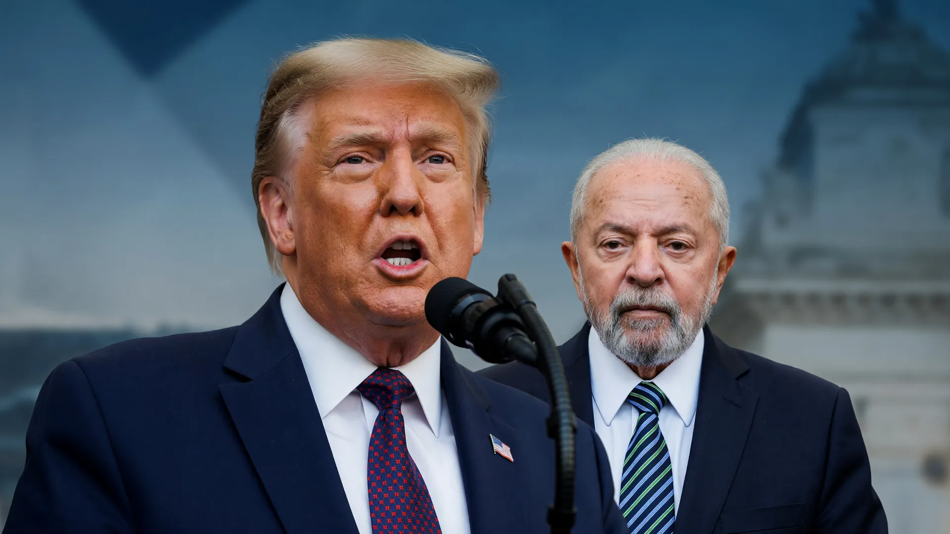 Trump e Lula em colagem editorial sobre tarifas americanas em exportações brasileiras