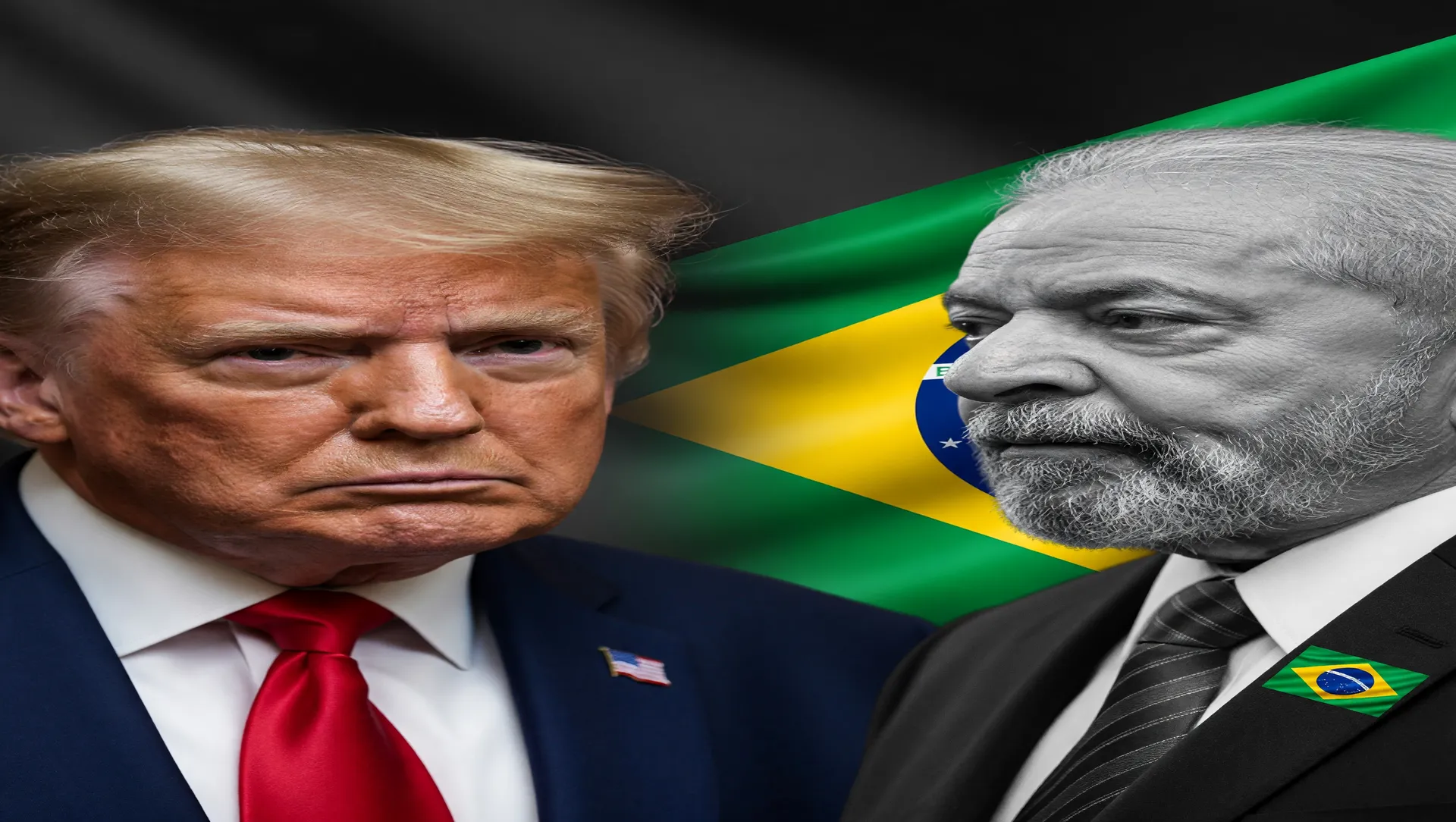 Retrato editorial mostrando confronto de tarifas Trump Brasil e Seção 301 entre líderes norte-americano e brasileiro.
