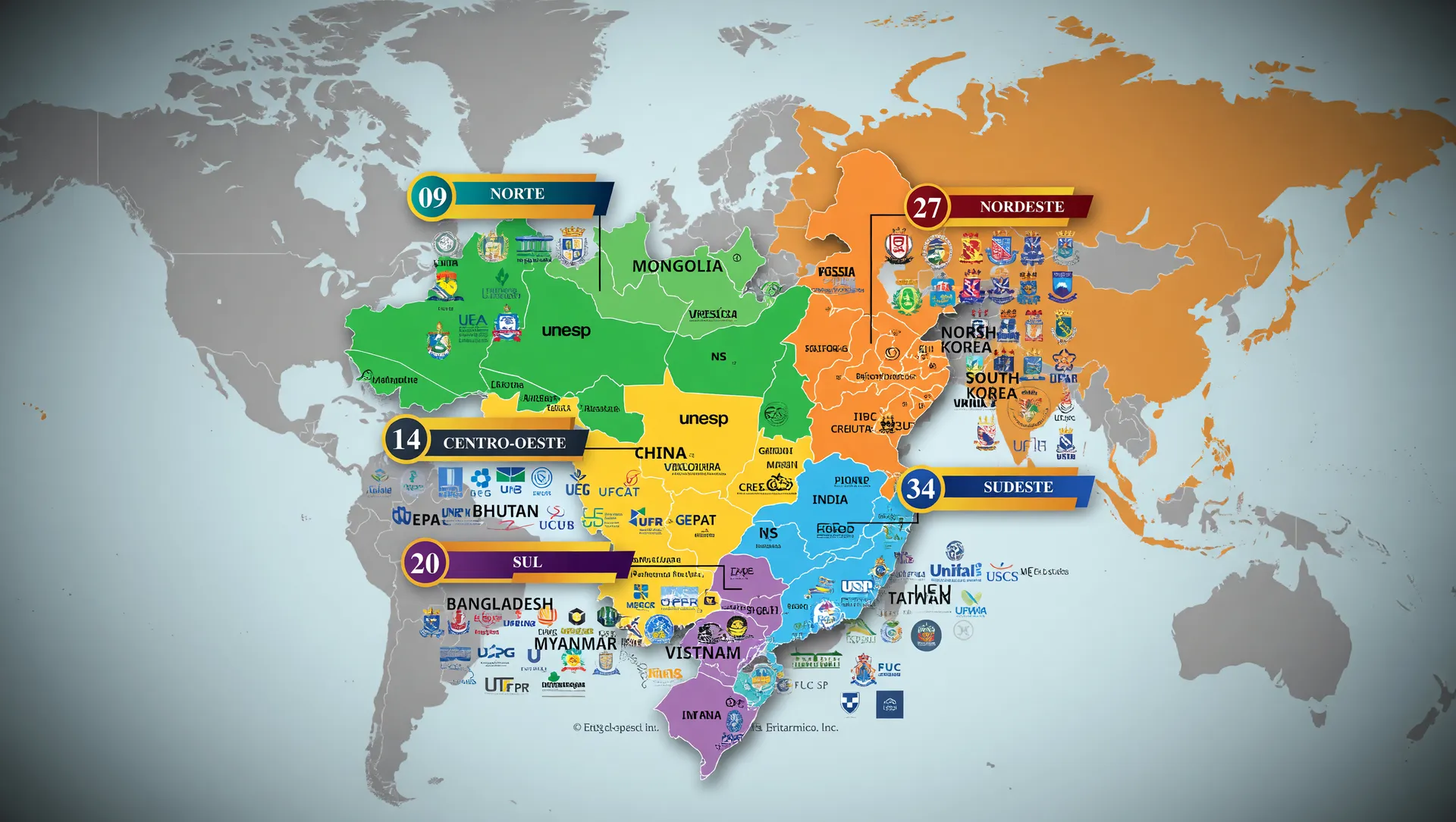 Mapa de universidades brasileiras em declínio no ranking mundial 2026, mostrando distribuição regional
