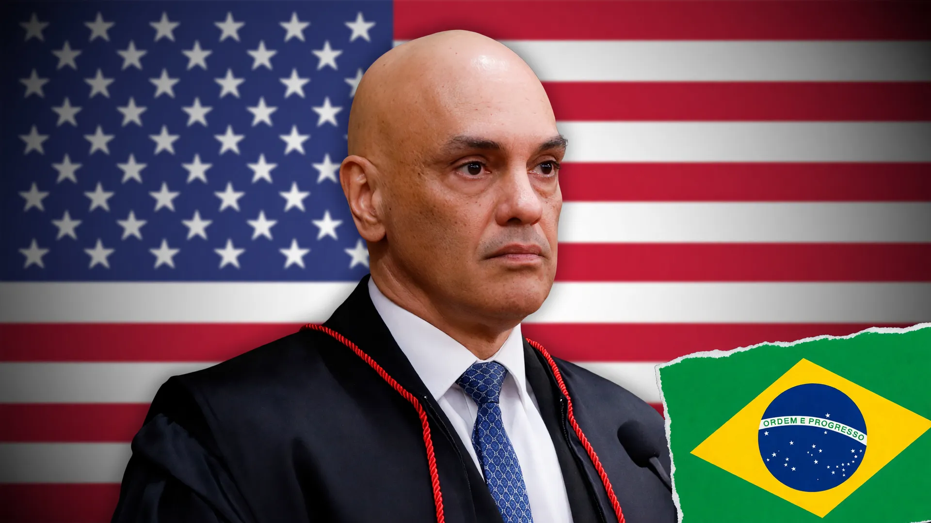 Alexandre de Moraes ao lado da bandeira dos EUA, ilustrando a ação contra Moraes nos EUA envolvendo Rumble e Trump Media.