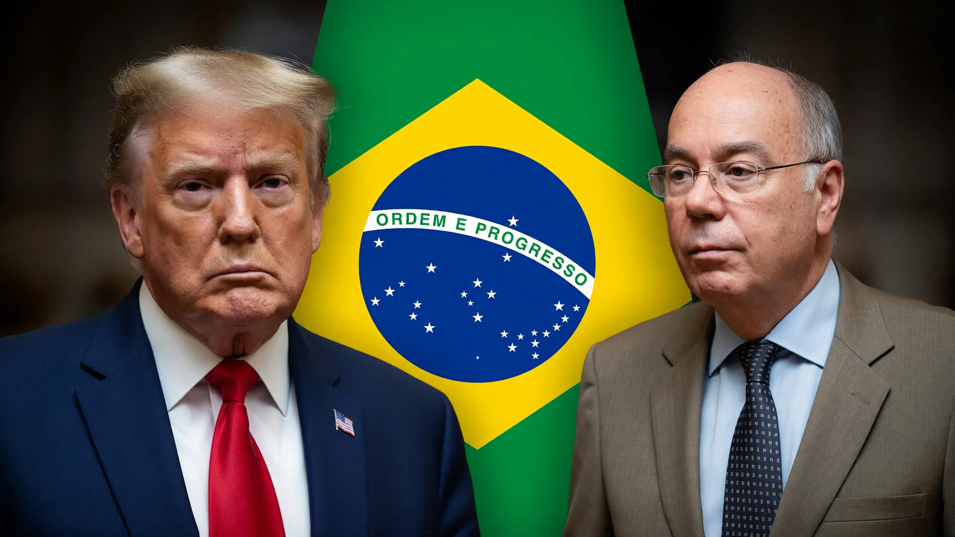 Composição editorial mostrando Trump, bandeira brasileira e Chanceler Vieira em contexto de ação militar dos EUA no Brasil