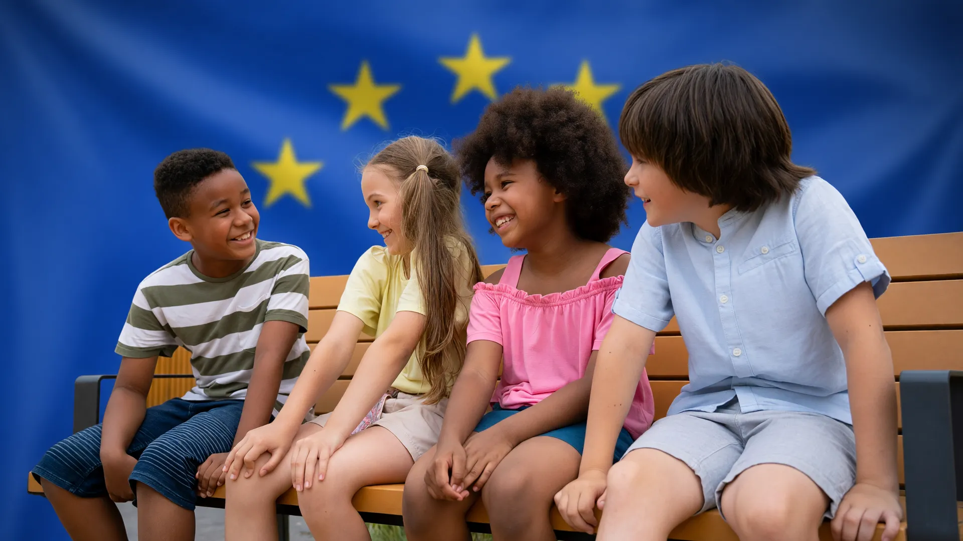 Adolescentes sorridentes representam o acesso gradual às redes sociais proposto pela UE para proteger menores.