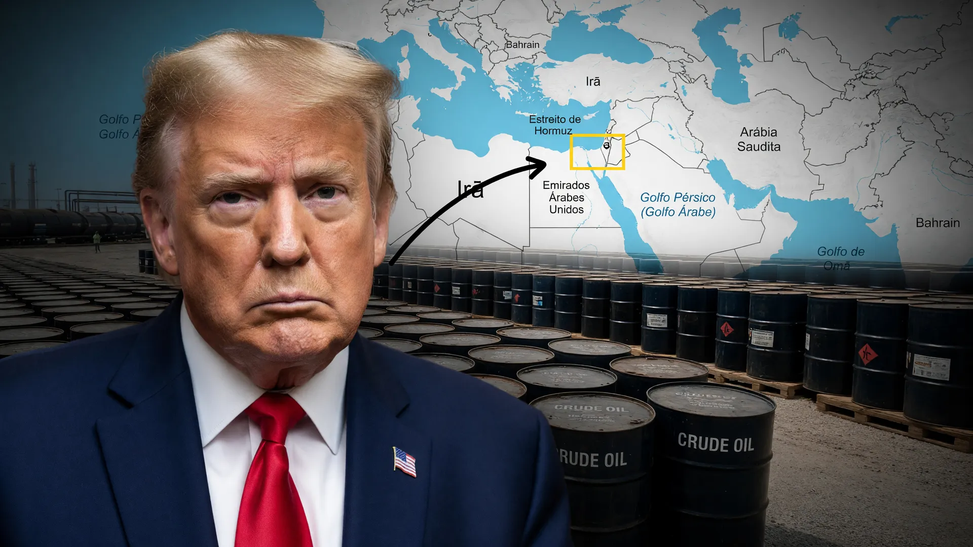 Trump com barris de petróleo e Estreito de Ormuz, ilustrando o acordo de paz EUA Irã encerrado e impacto no mercado.