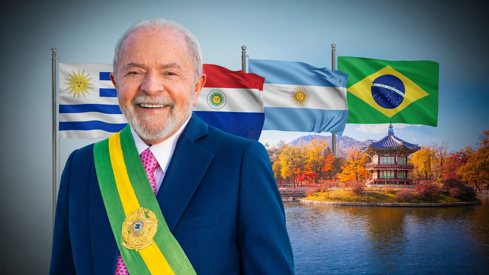 Lula à frente das bandeiras do Mercosul, representando o avanço do acordo Mercosul Coreia do Sul