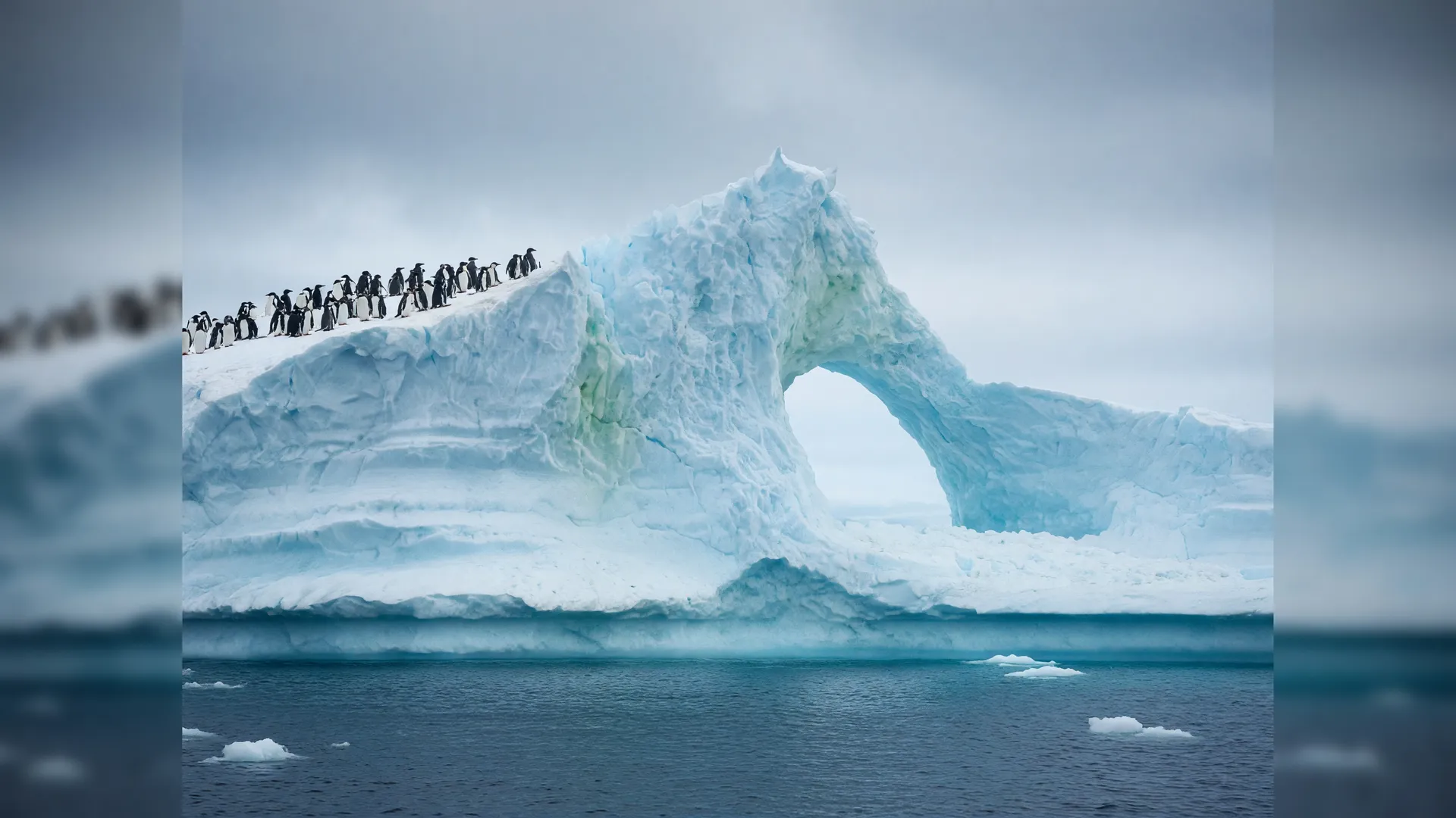 Icebergs e pinguins na Antártida representam o acúmulo de mercúrio na Antártida causado pelo degelo.