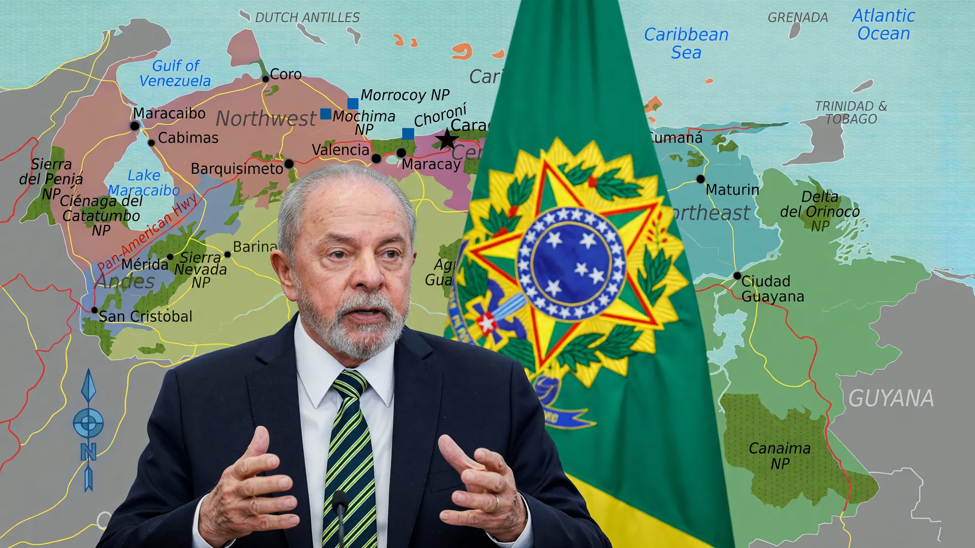 Lula reforça a ajuda do Brasil reconstrução Venezuela, com mapa do país ao fundo, após terremoto