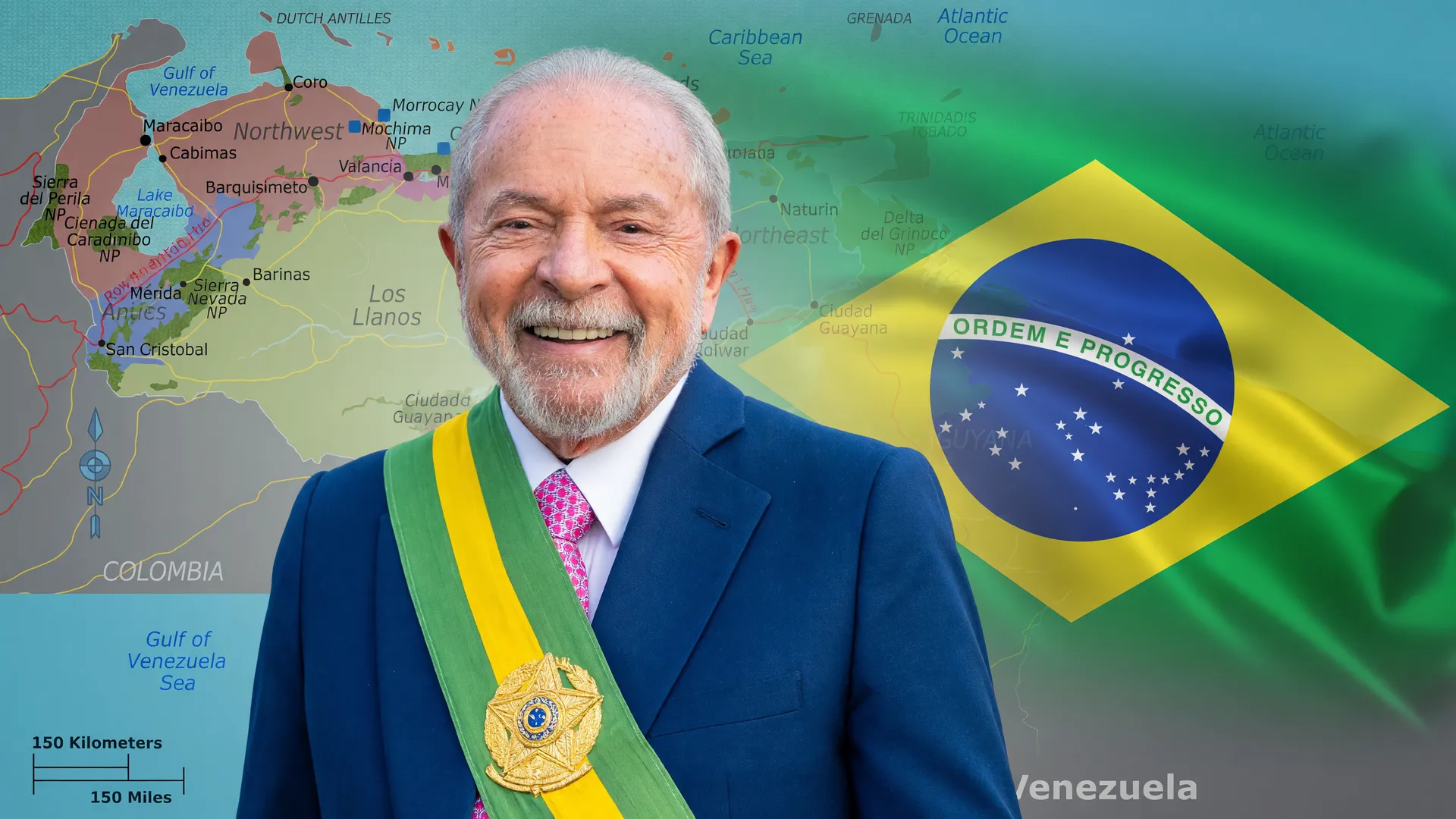 Lula em retrato oficial com bandeira brasileira e mapa da Venezuela representando ajuda humanitária da segunda fase