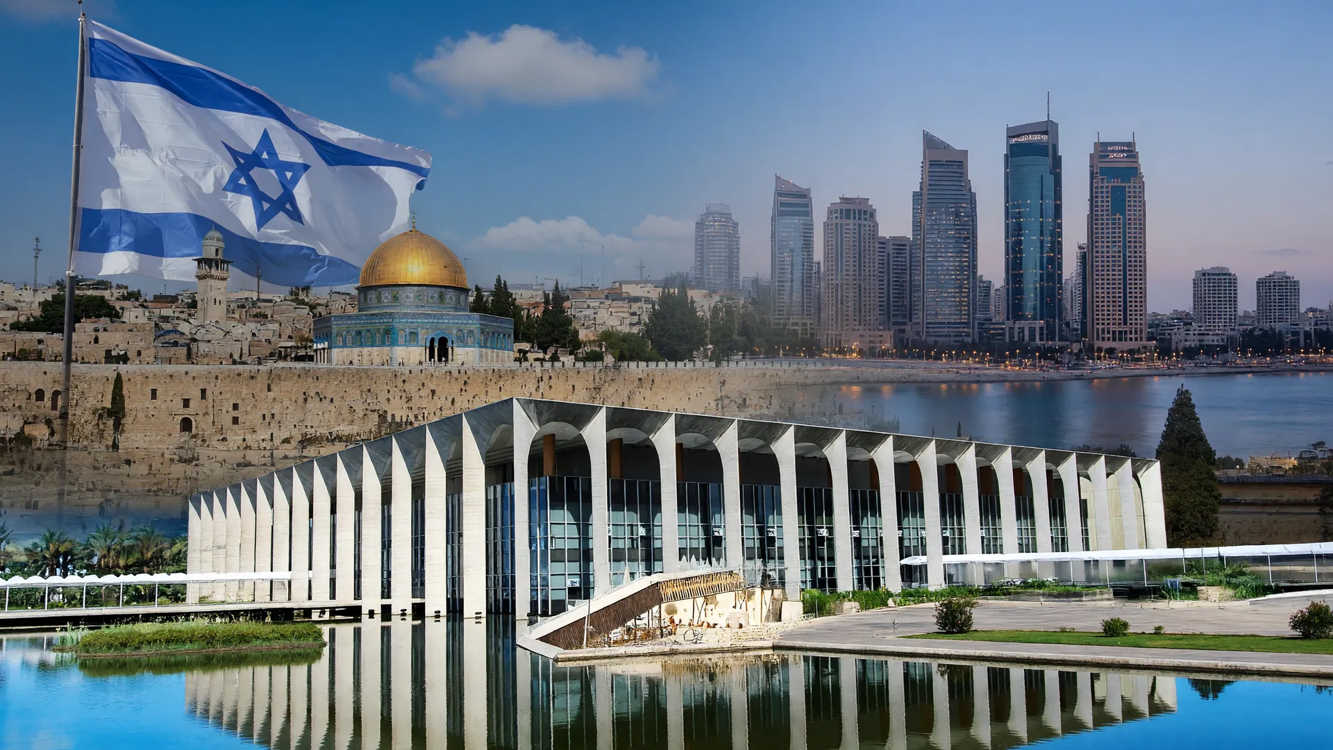 Palácio do Itamaraty ao fundo de Jerusalém e Doha, ilustrando alerta de viagem Israel e Catar emitido pelo Brasil
