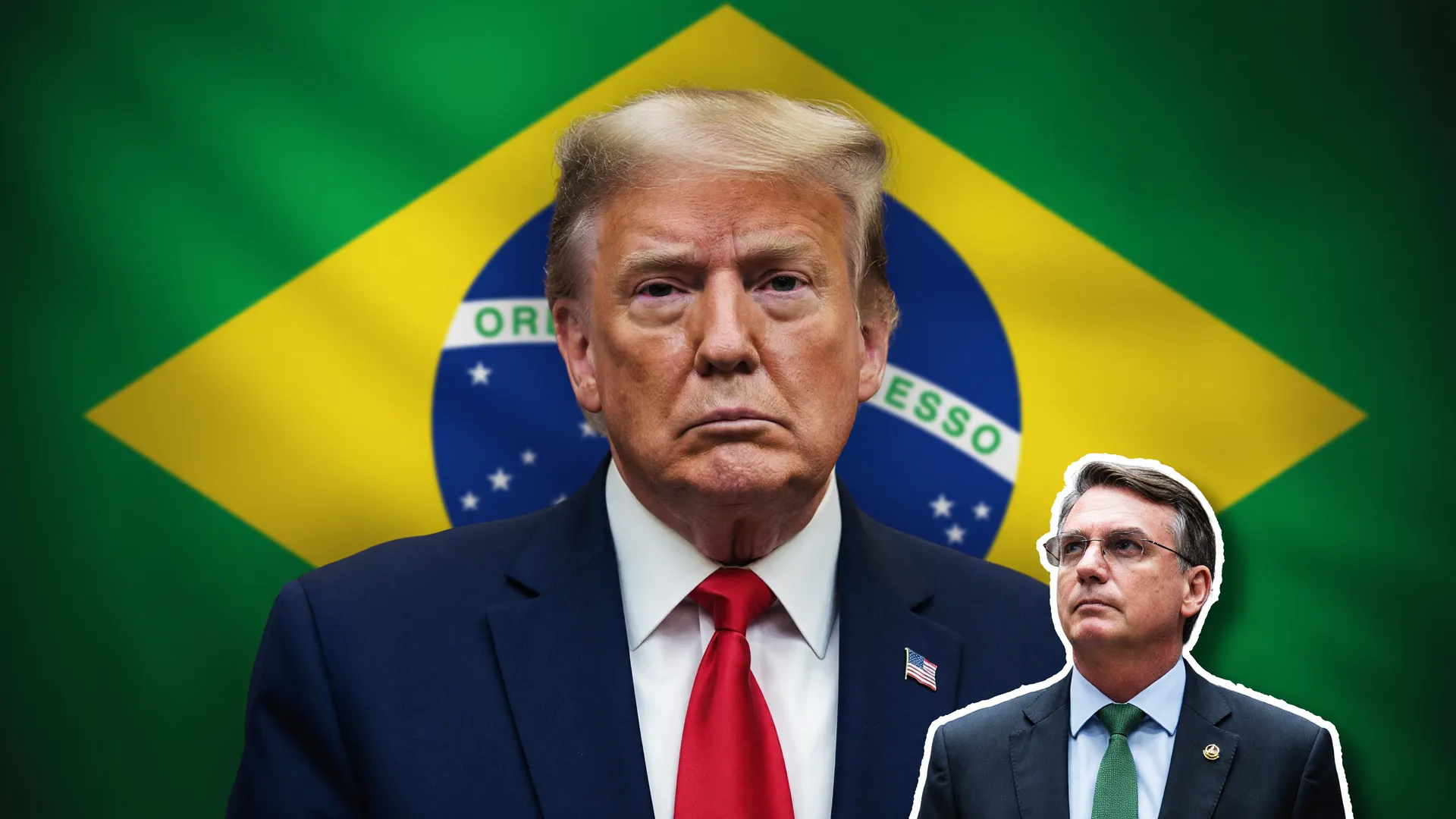 Trump ao lado da bandeira do Brasil: aliados de Bolsonaro pedem sanções após prorrogação do tarifaço dos EUA