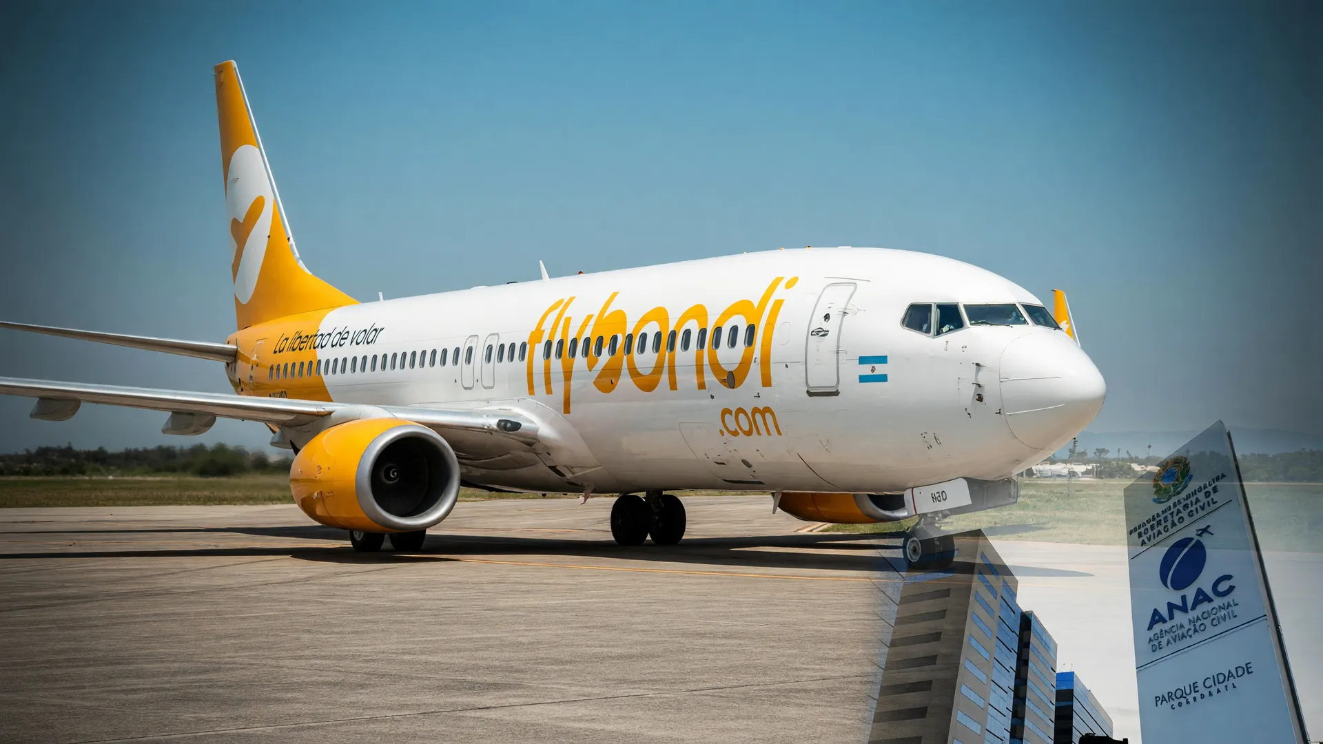 Avião da Flybondi em pátio de aeroporto ao lado de símbolo da Anac, ilustrando que Anac limita voos Flybondi