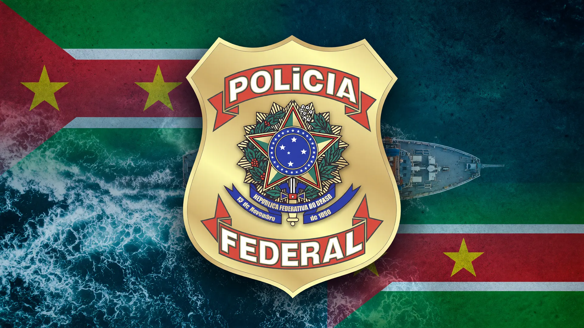 Brasão da PF em contexto de apreensão de drogas no Atlântico