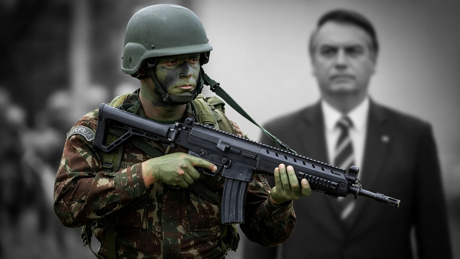 Soldado do Exército com fuzil simboliza risco das armas de CACs registro vencido no Brasil