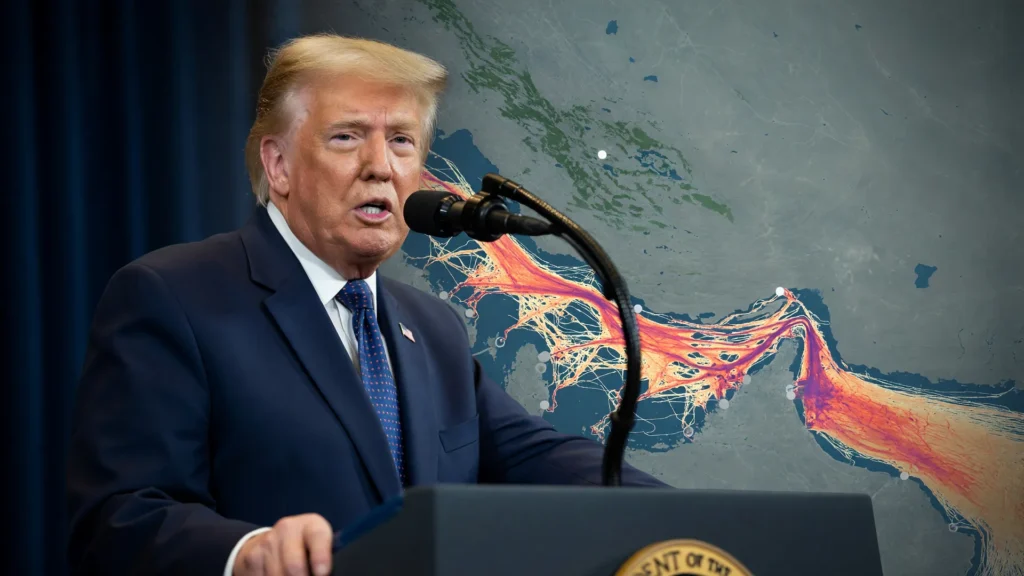 Trump discursa com mapa estratégico ao fundo, simbolizando o ataque no Estreito de Ormuz