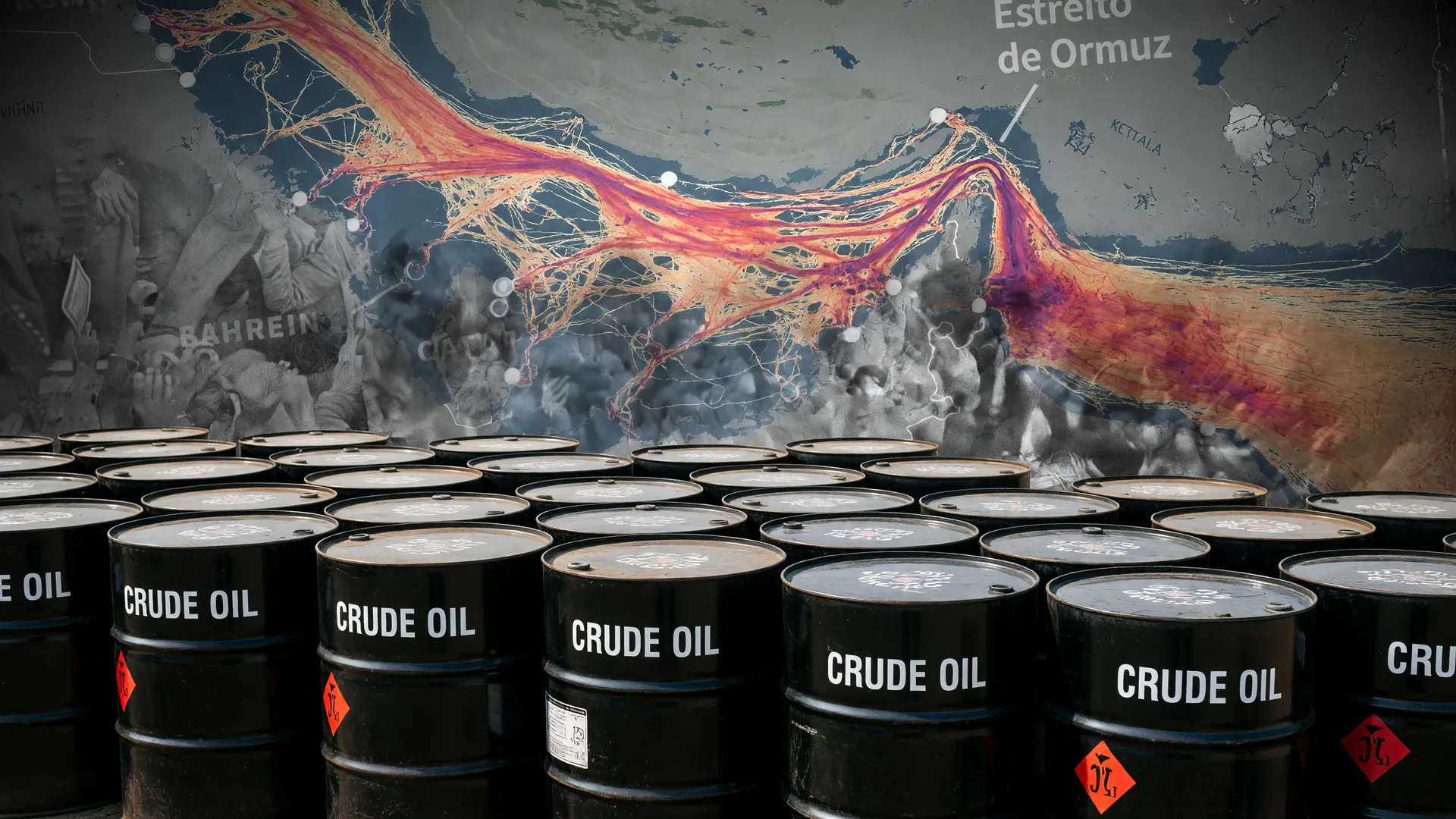 Barris de petróleo em destaque simbolizam alta nos preços após ataques do Irã no Golfo contra bases militares dos EUA.