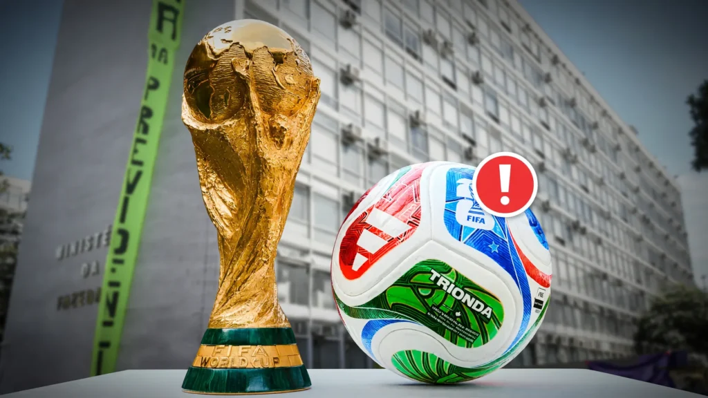 Taça e bola da Copa do Mundo com símbolo de alerta, representando a autoexclusão de apostas na Copa