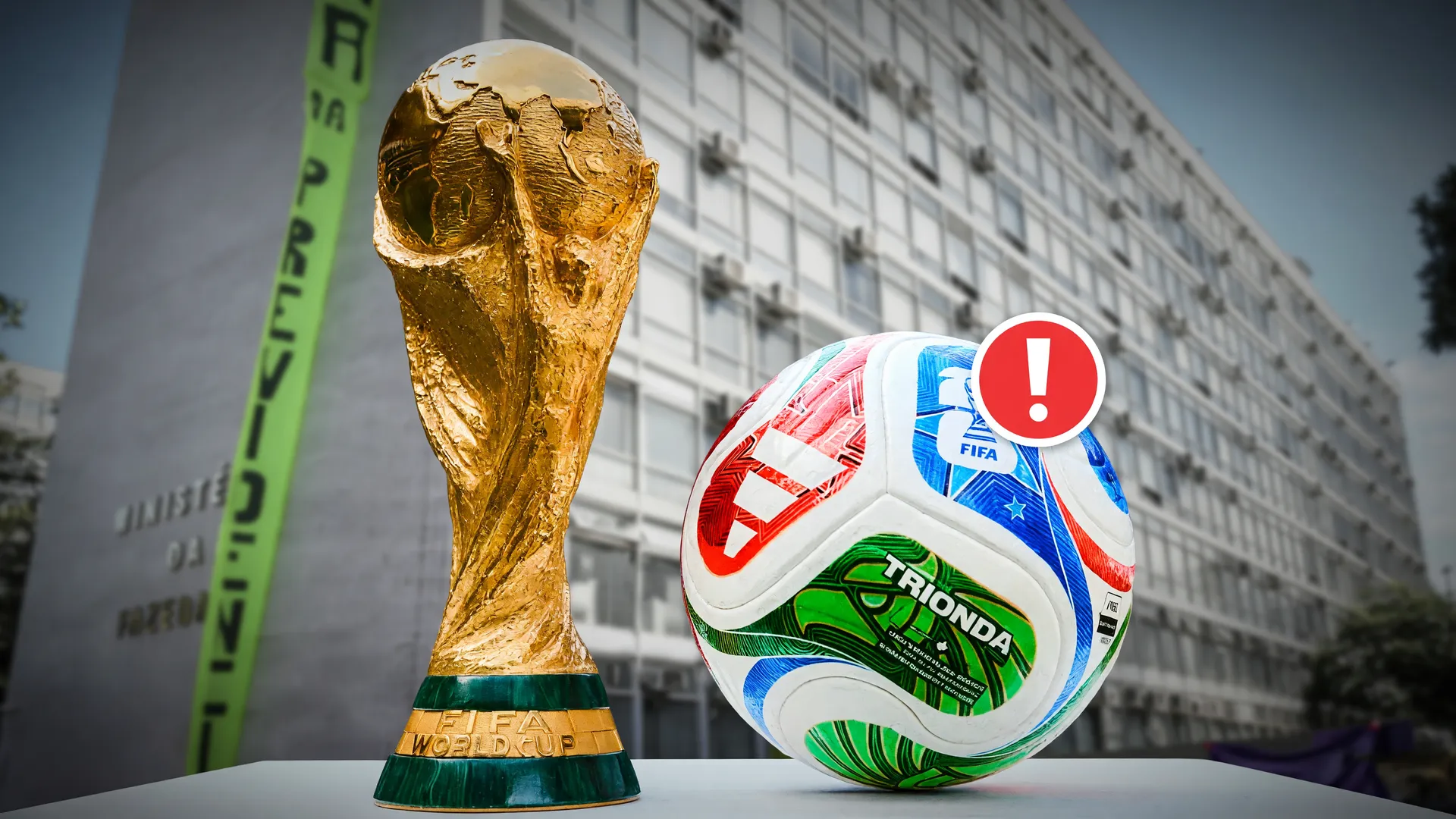 Taça e bola da Copa do Mundo com símbolo de alerta, representando a autoexclusão de apostas na Copa