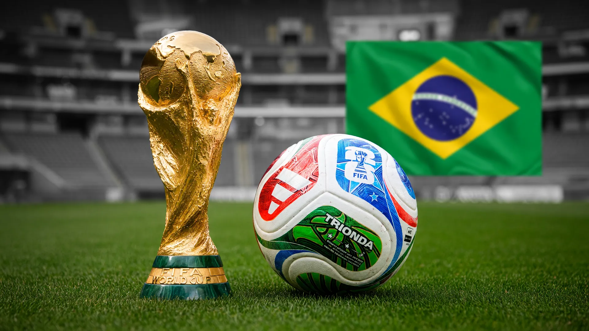 Taça da Copa do Mundo com bandeira do Brasil ilustra expectativa de bares faturamento final da copa.