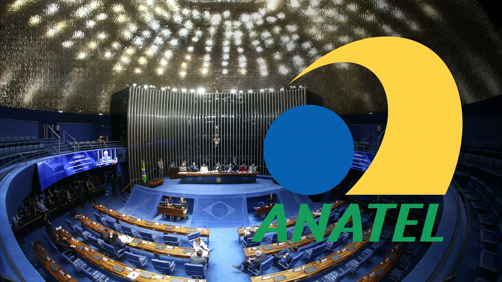 Plenário do Senado Federal e logo da Anatel em composição editorial sobre bloqueio de ligações de telemarketing por CPF