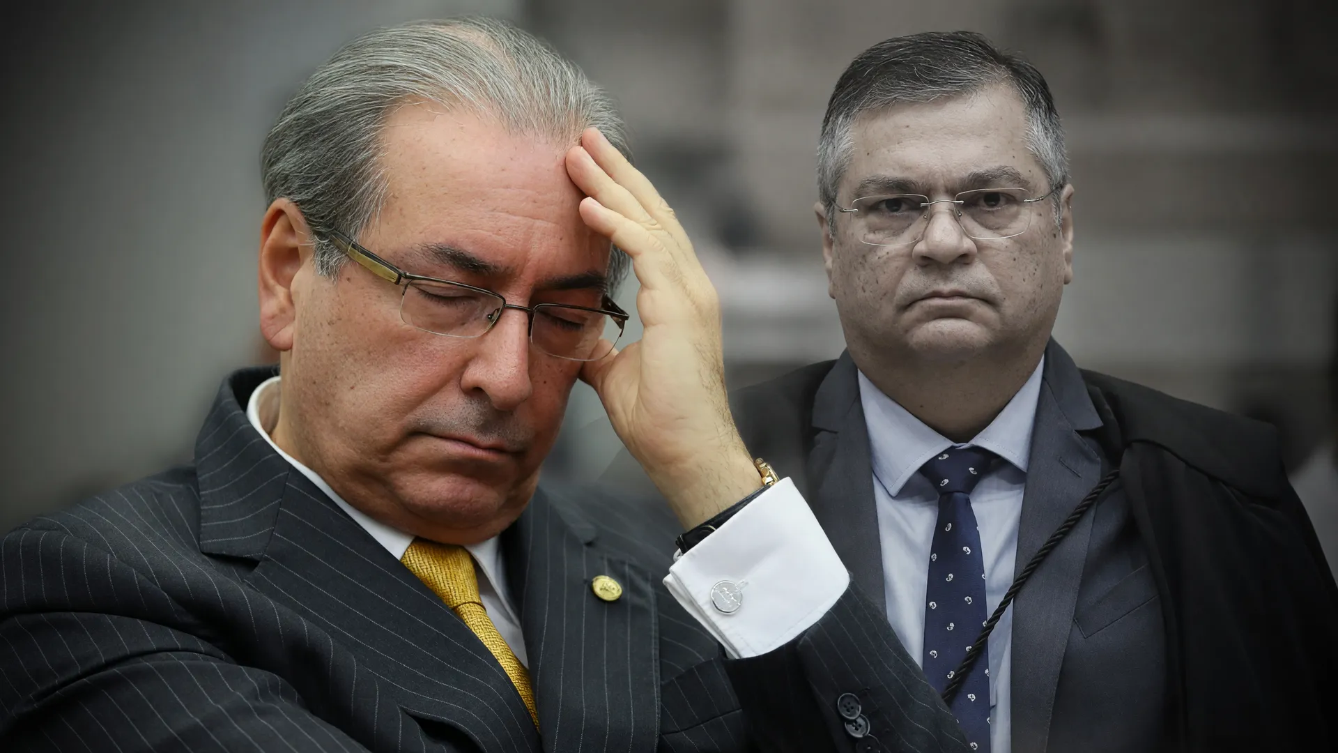 Eduardo Cunha pensativo, com Flávio Dino ao fundo, remete ao bloqueio de emendas Eduardo Cunha determinado pelo STF