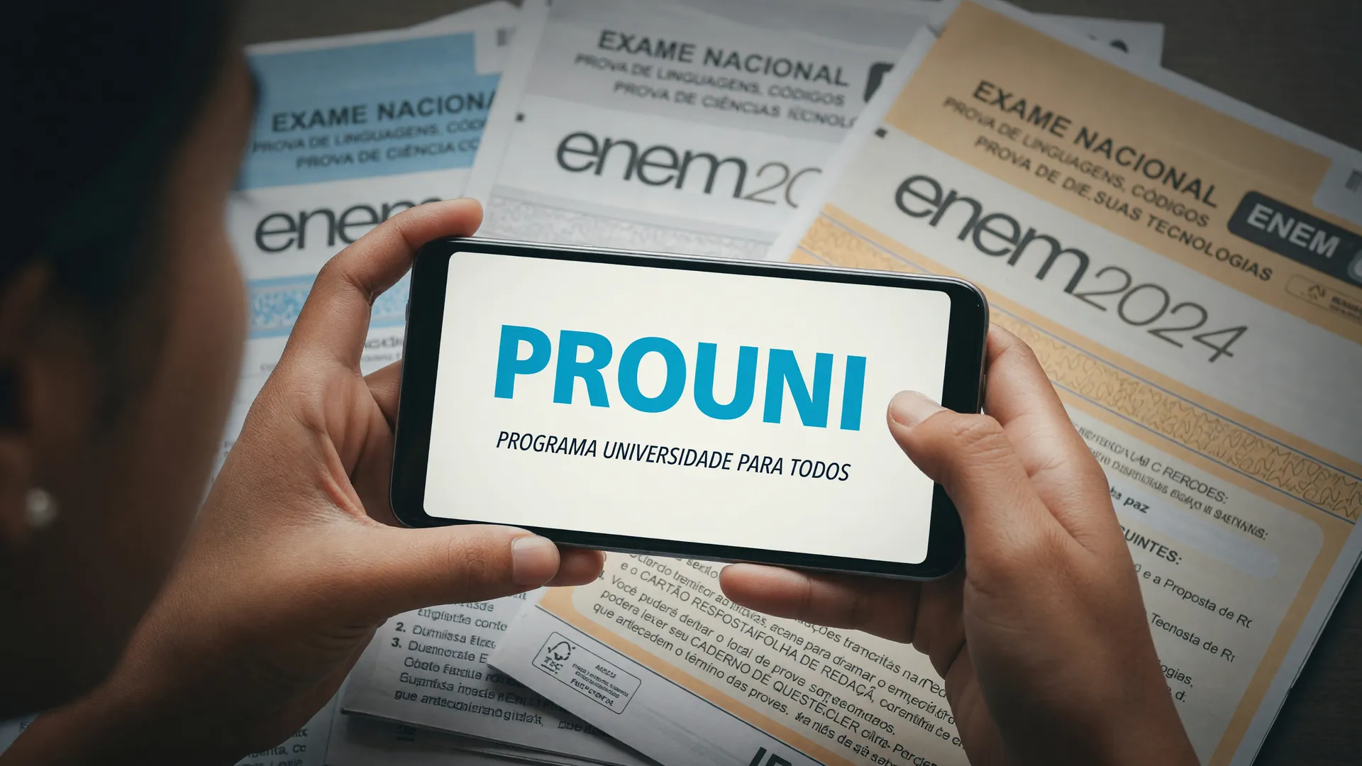 Acesso às bolsas Prouni 2º semestre 2026 através da plataforma digital com fundo de materiais do Enem