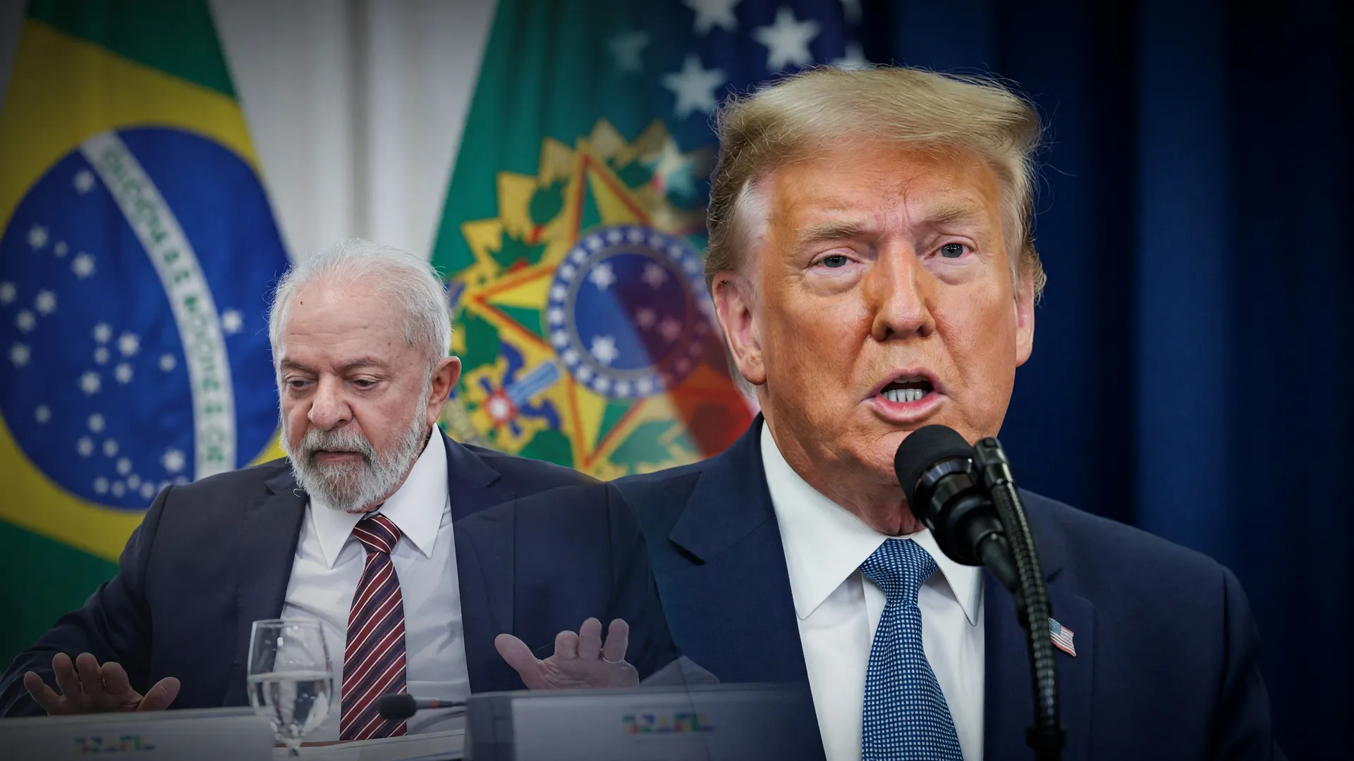 Trump discursa enquanto Lula aparece ao fundo: Brasil recebe convite de Trump para evento contra extrema esquerda