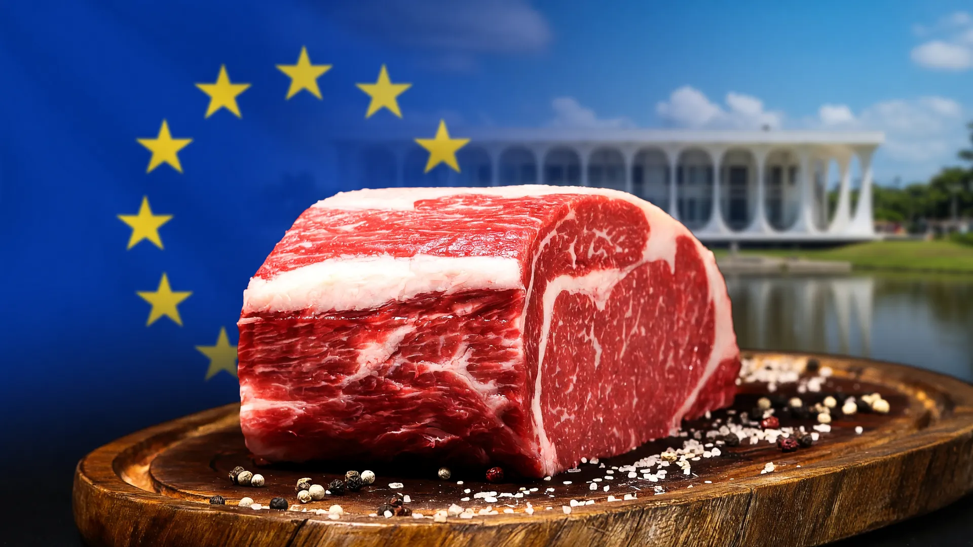 Carne bovina em destaque com bandeira da UE ao fundo, tema do caso Brasil OMC veto carne bovina.