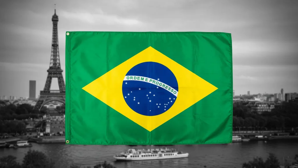 Bandeira do Brasil ao lado da Torre Eiffel simboliza que brasileiros não tiram férias completas como na França.