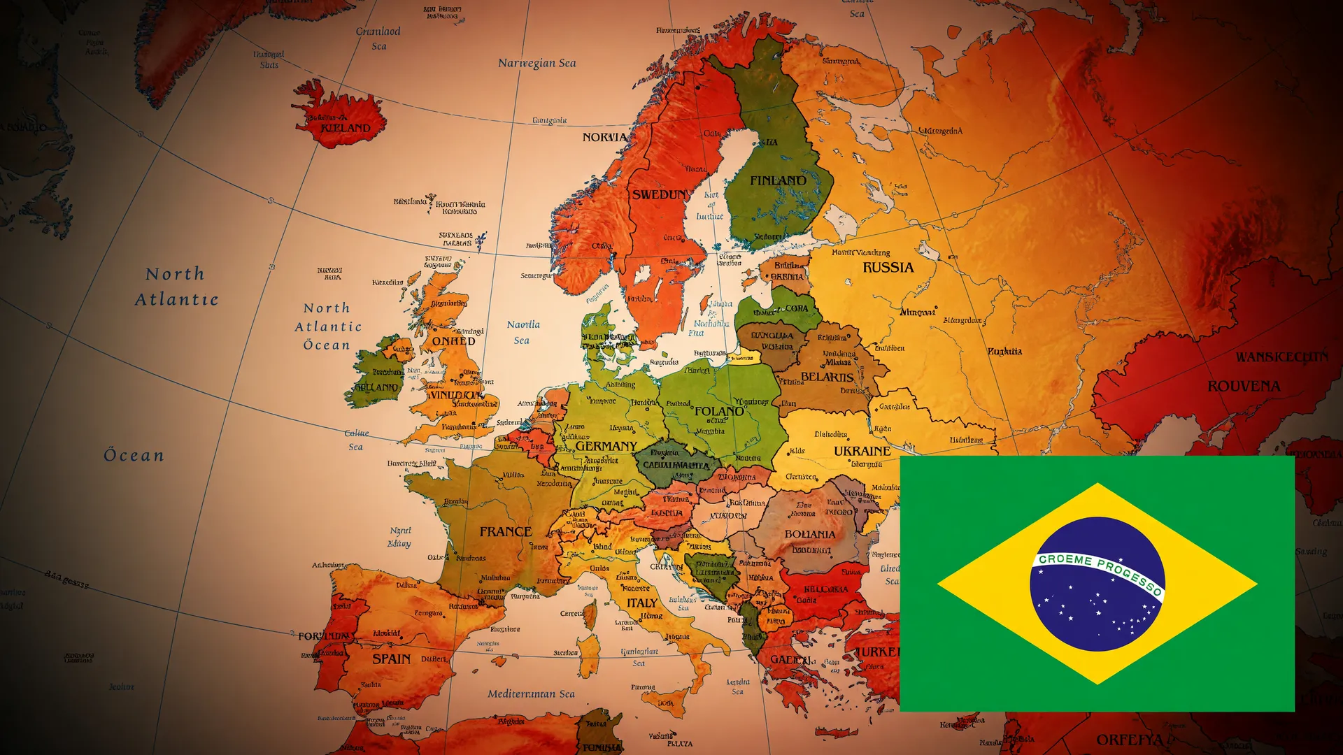Mapa da Europa em tons de calor intenso e bandeira do Brasil: por que o calor na Europa é mais perigoso