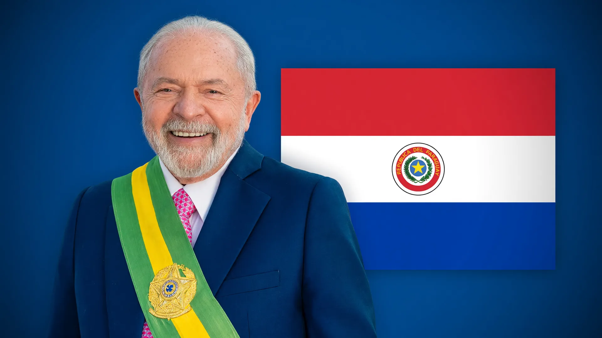 Câmara do Paraguai repudia Lula: retrato oficial do presidente ao lado da bandeira paraguaia em composição editorial