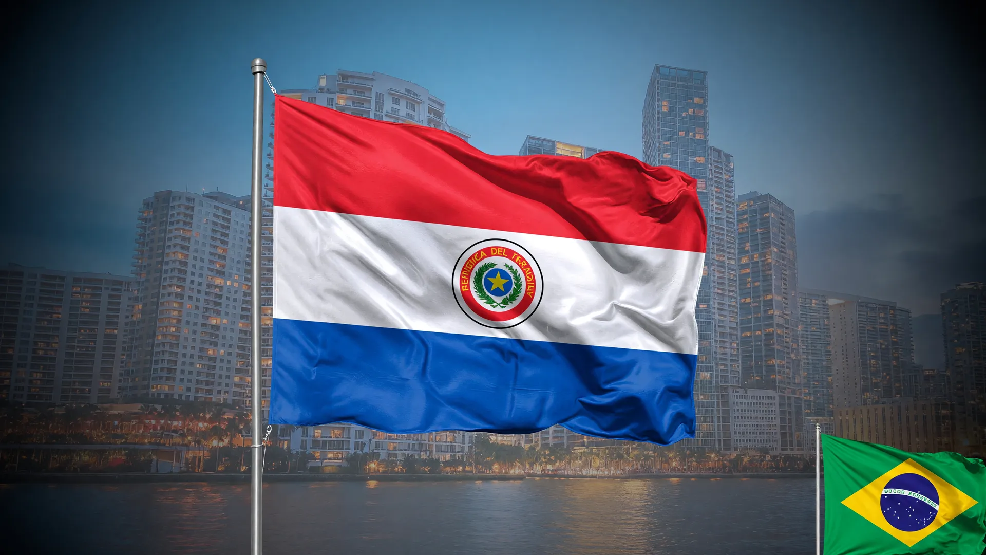 Bandeira do Paraguai e skyline de Miami simbolizam rota das caminhonetes de luxo com maconha apreendidas rumo ao Brasil.
