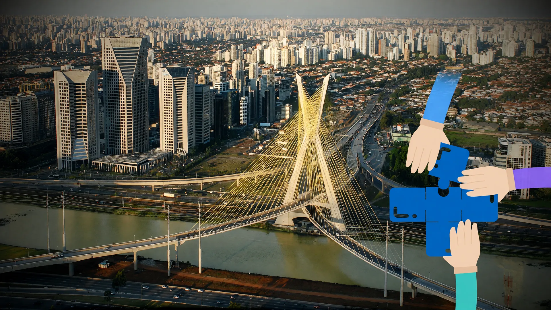 Vista aérea de São Paulo com rio poluído, simbolizando o aumento dos casos de hepatite A em SP.