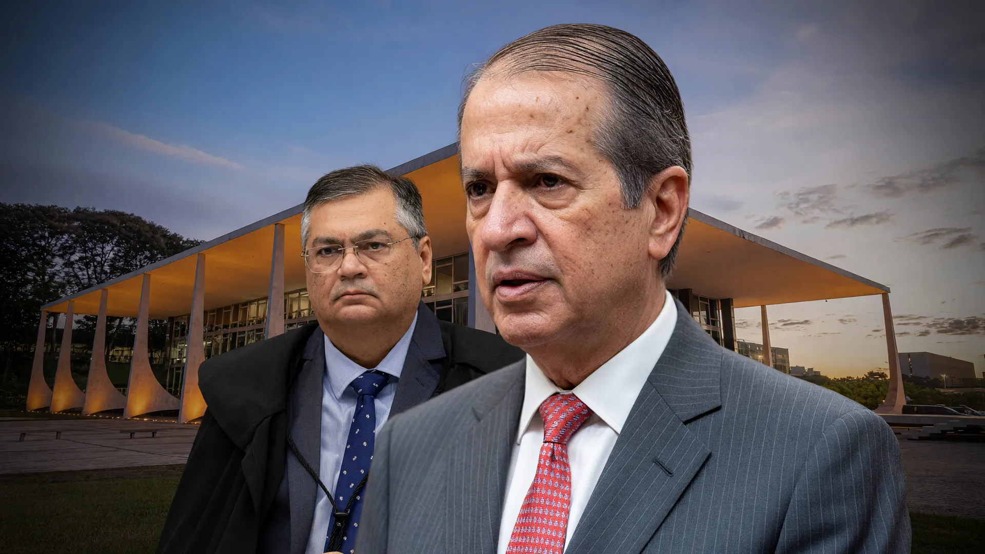 Valdemar Costa Neto em primeiro plano com o STF ao fundo, remetendo às cautelares contra Valdemar Costa Neto