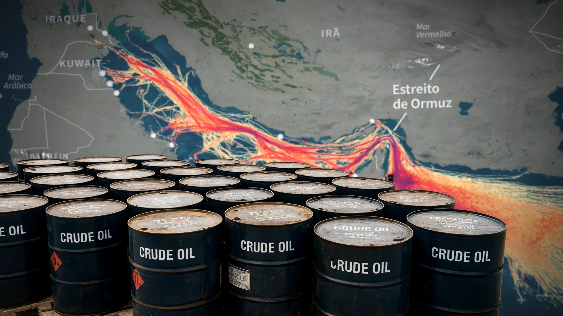 Barris de petróleo e mapa do Estreito de Ormuz ilustram queda do petróleo após cessar-fogo entre EUA e Irã