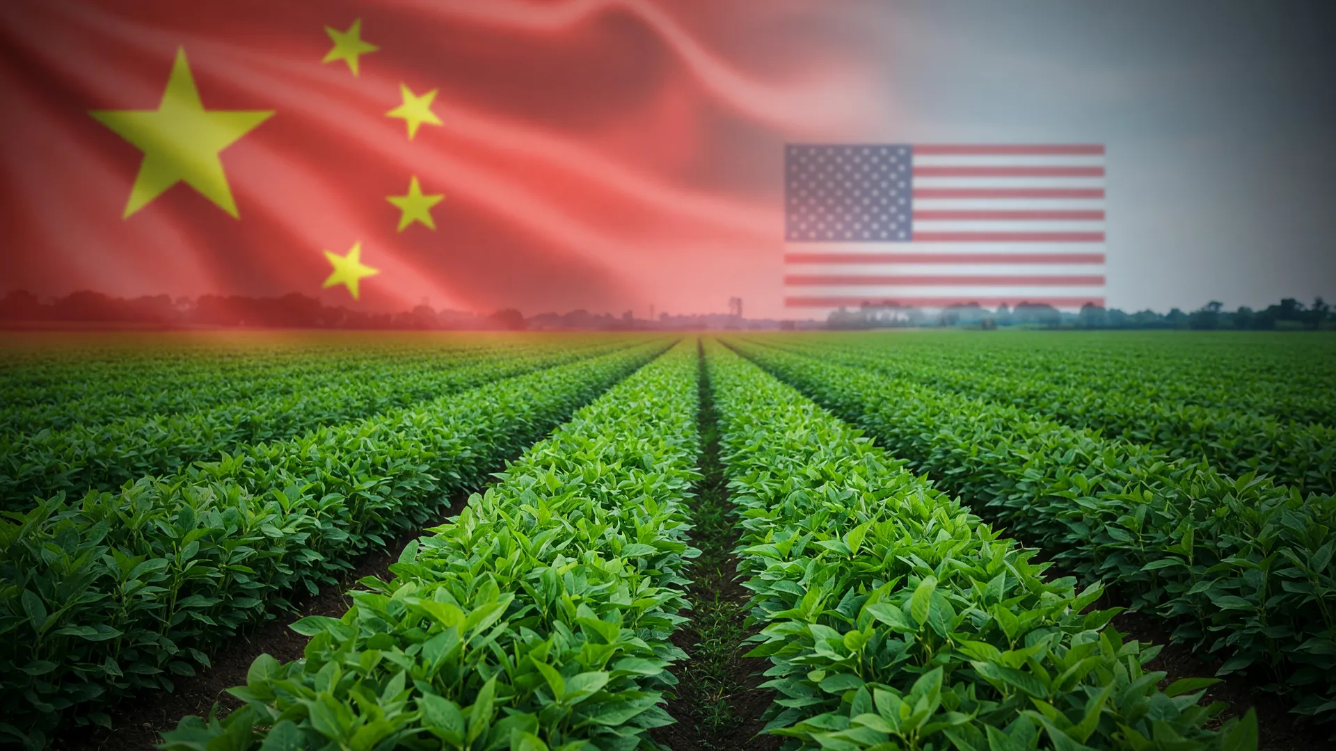 China importa soja brasileira: campo de soja em primeiro plano com bandeira chinesa ao fundo e bandeira dos EUA discreta