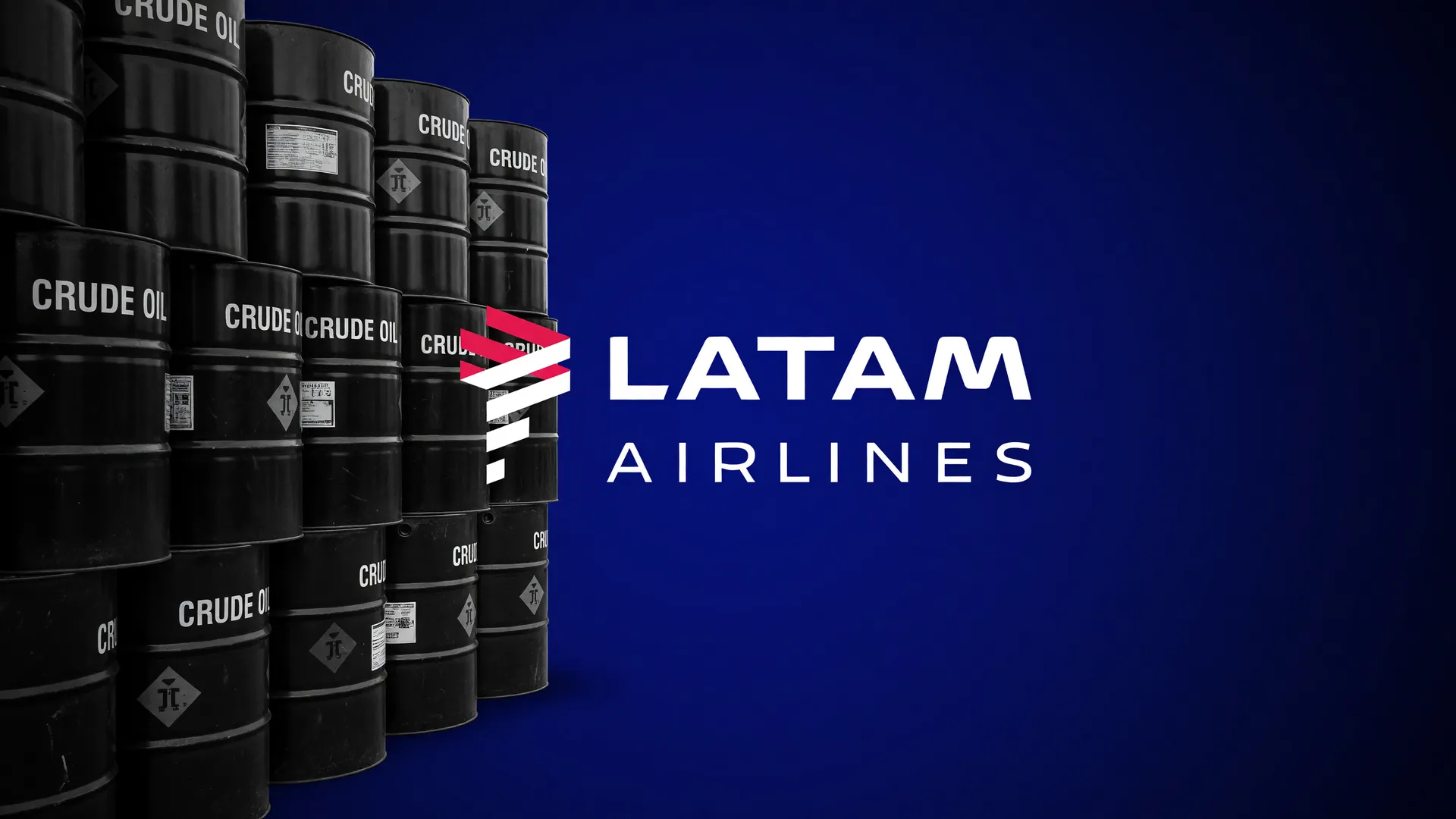 Barris de petróleo e logo da LATAM ilustram a crise do combustível e o crédito do BNDES para aéreas