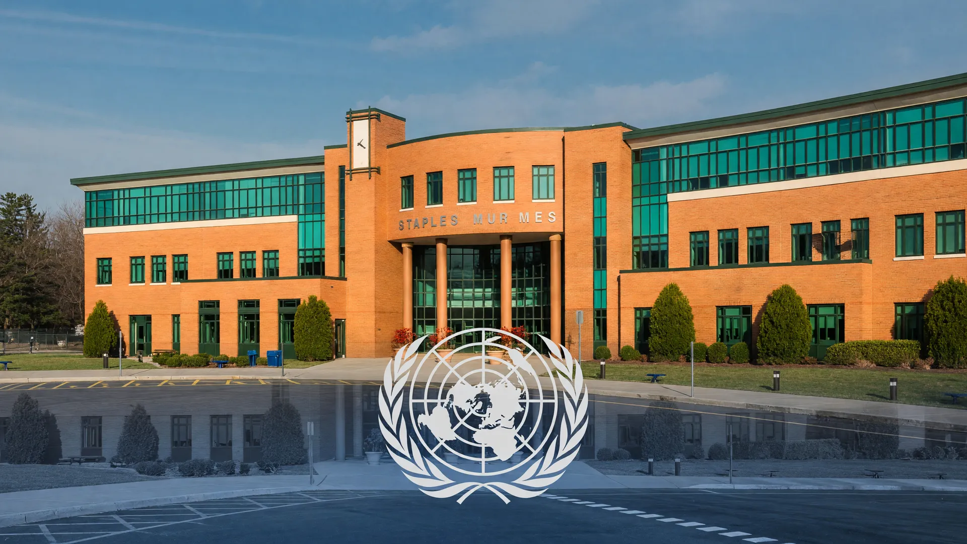Escola e emblema da ONU ilustram a crise no financiamento da educação e propostas de cooperação para solução