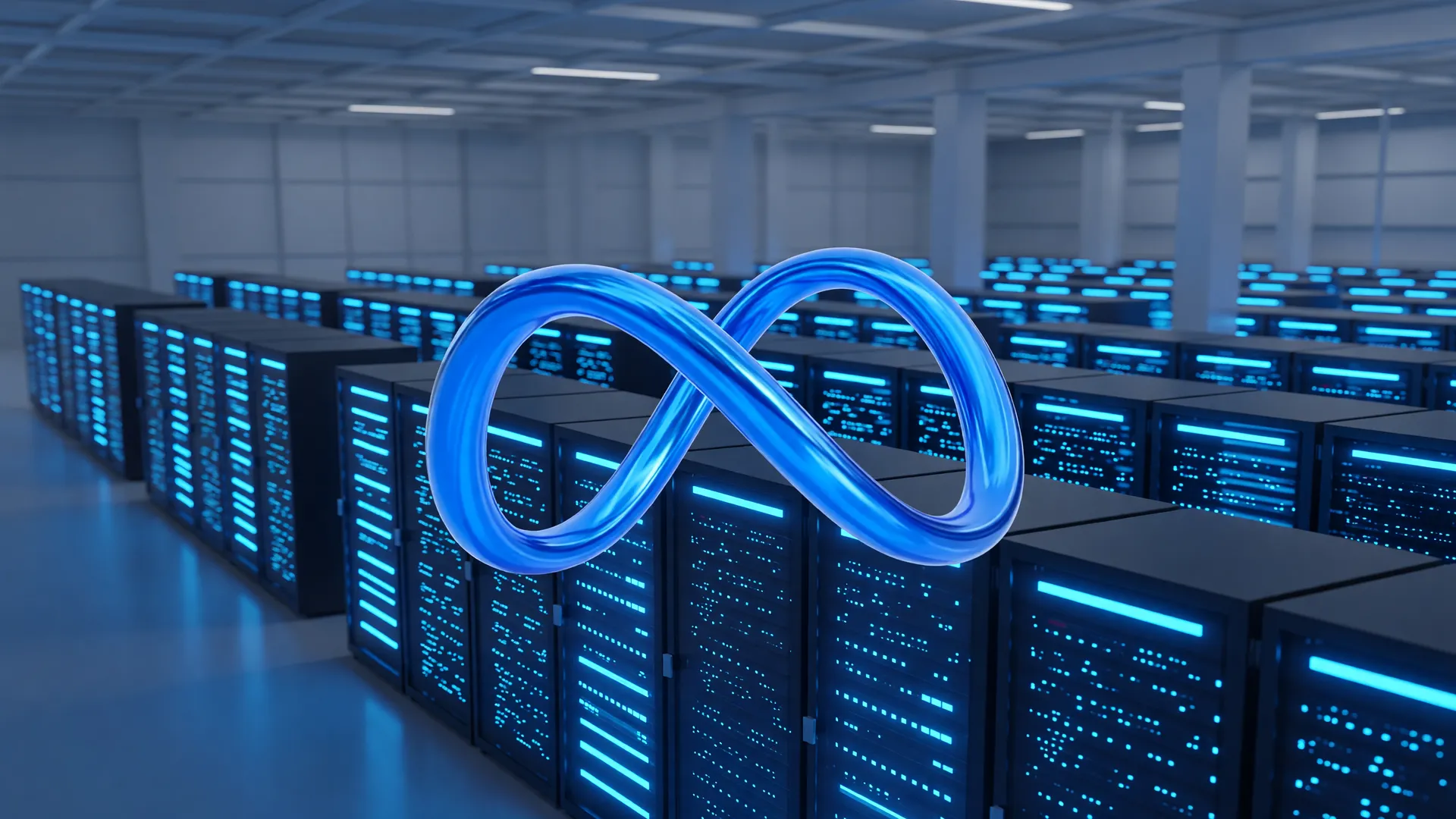 Logo da Meta em destaque sobre um data center de IA da Meta iluminado em azul, simbolizando expansão bilionária