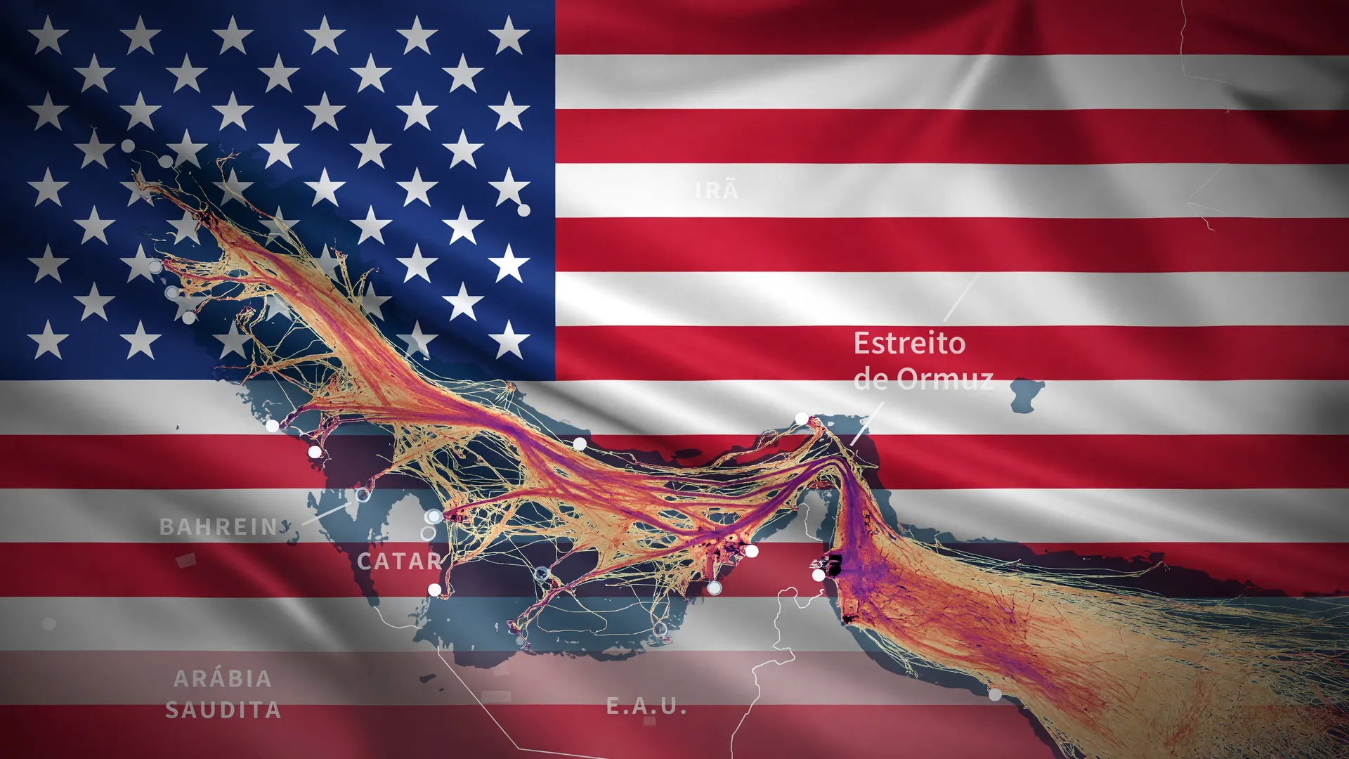 Bandeira dos EUA ao fundo do Estreito de Ormuz, simbolizando tensão nos mercados antes da decisão de juros do Fed