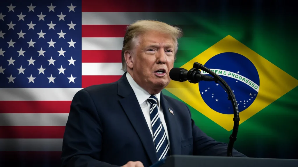 Donald Trump anunciando decisão tarifas EUA ao Brasil entre negociações comerciais tensas