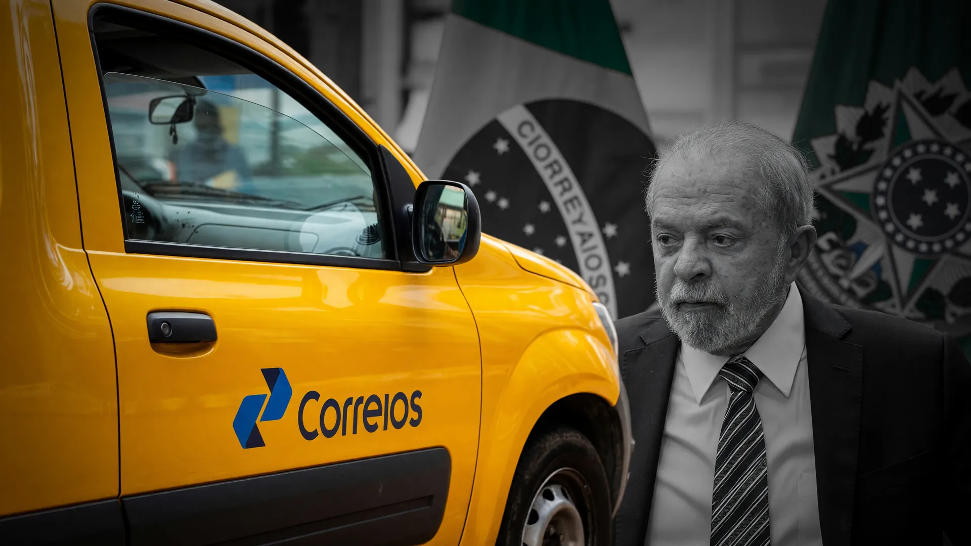 Veículo dos Correios em pátio com retrato de Lula ao fundo, simbolizando o déficit das estatais federais