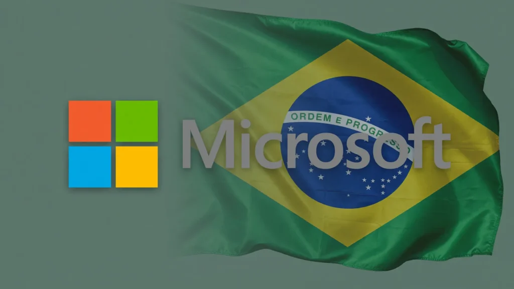 Marca Microsoft com bandeira do Brasil em composição editorial sobre demissões Microsoft Xbox reestruturação