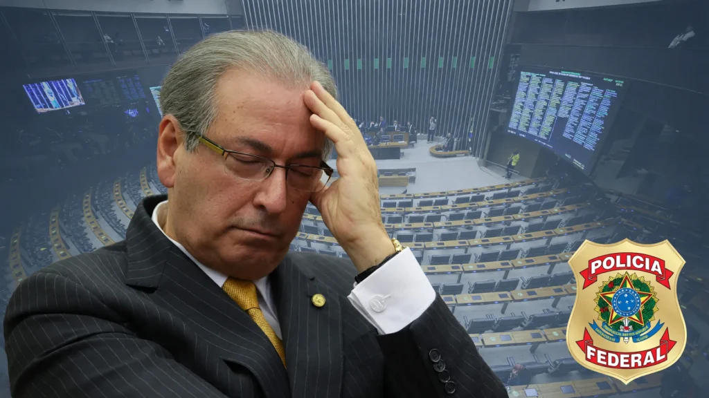 Eduardo Cunha pensativo com a Câmara dos Deputados ao fundo, ilustrando o desvio de emendas para Cunha investigado pela PF