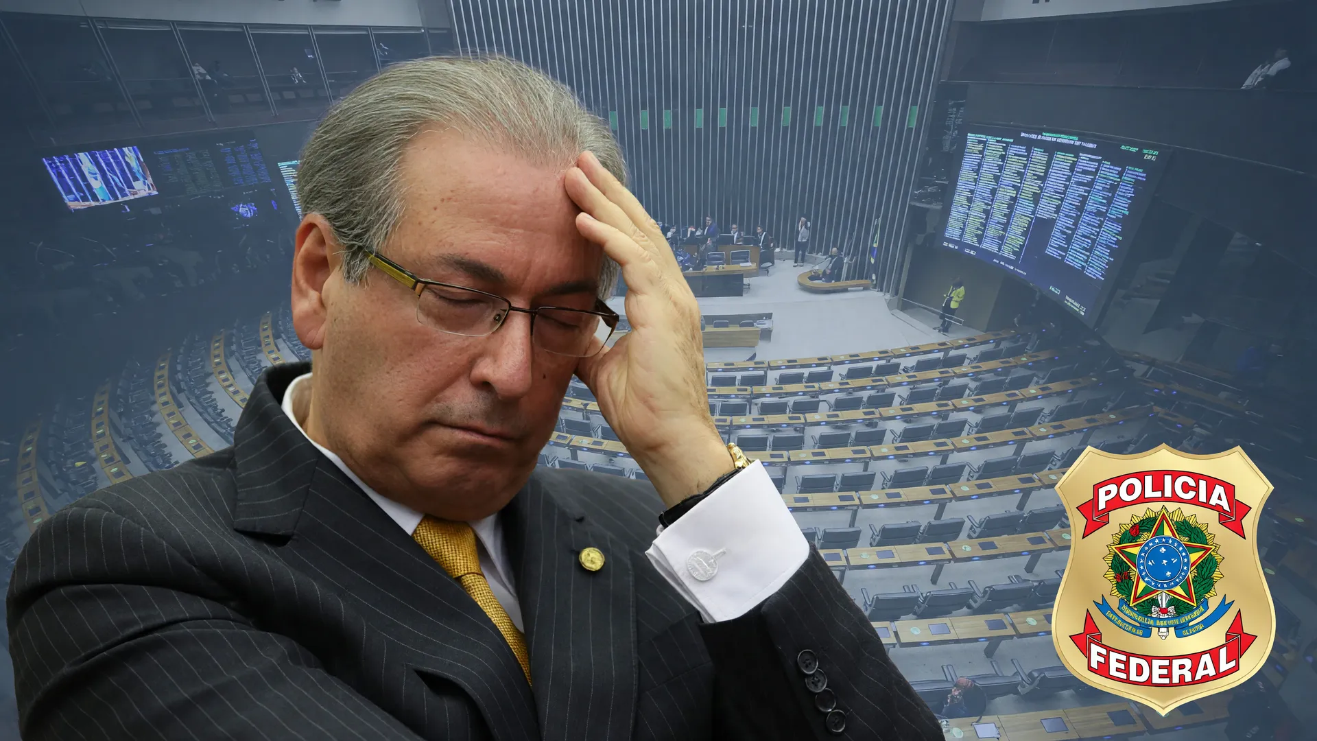 Eduardo Cunha pensativo com a Câmara dos Deputados ao fundo, ilustrando o desvio de emendas para Cunha investigado pela PF